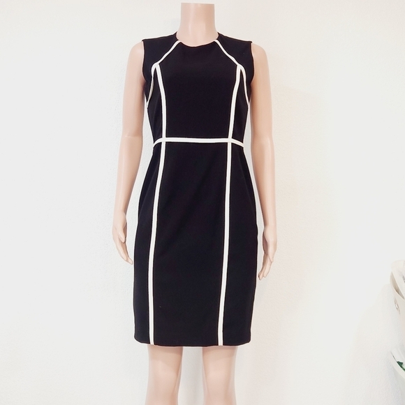 Calvin Klein Black/Cream Sleeveless Sheath Dress Size: 4 - Picture 1 of 13